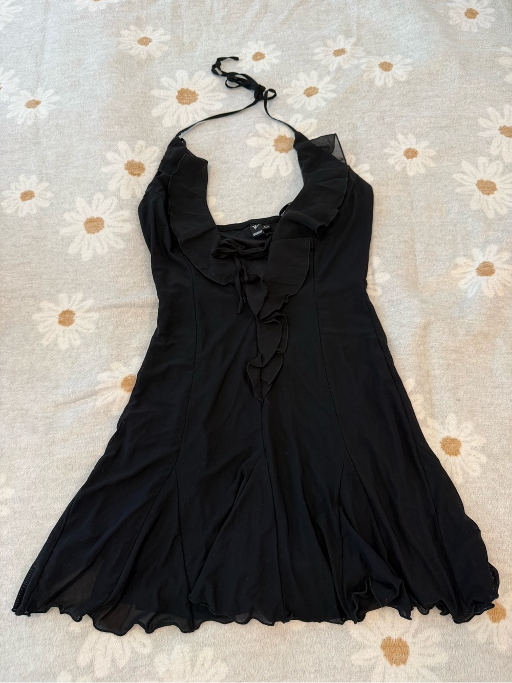 Black Halter Ruffle V-Neck Dress - Women